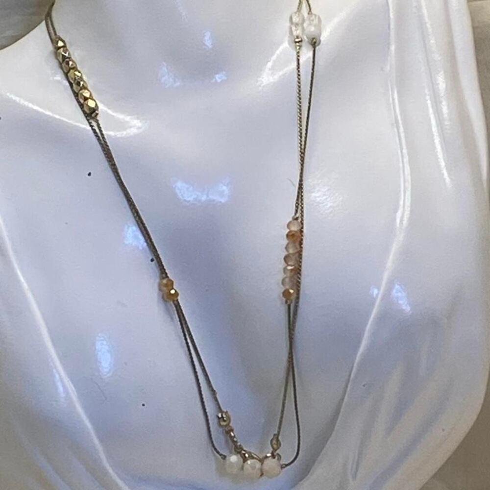 Vintage Long Double Chain Station Necklace Faceted Champagne White Beads